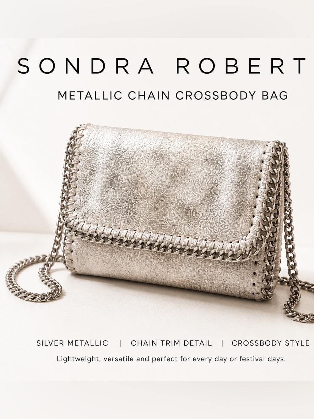 Sondra Roberts Silver Metallic Chain Crossbody Bag Y2K Boho Festival Purse